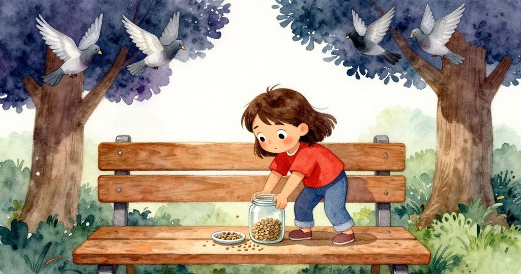 Olive 正在溫暖的木長椅上倒種子，背景有樹和散落的種子，她充滿期待，呈現故事開端的動態場景。