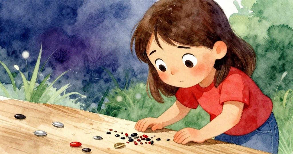 Olive 深情凝望散落的種子，臉上流露出憂慮與堅定，背景中隱現木頭紋理，呈現故事發展的關鍵時刻。