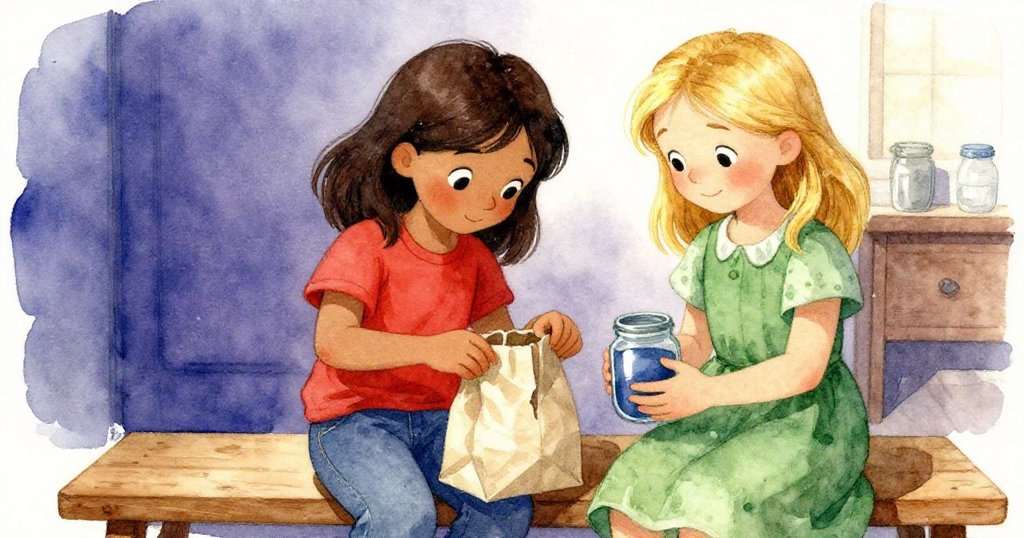 Sara 和 Olive 在室內溫暖的餵食區合作修復破裂的紙袋，兩人專心致志，展現故事中段的團隊合作與轉折。