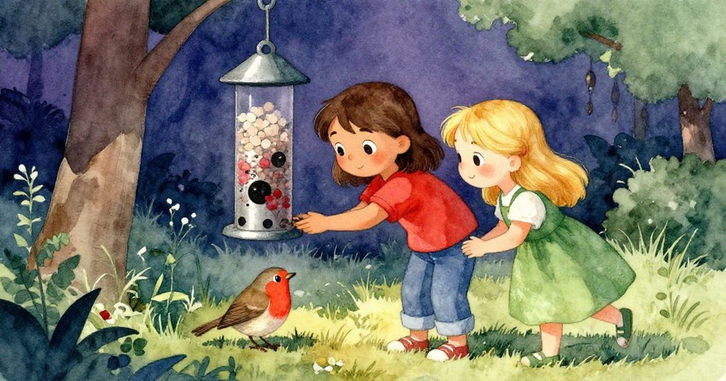 Olive 與 Sara 在戶外餵食區和諧合作，旁邊有隻小知更鳥，兩人微笑解決問題，展現故事最終恢復寧靜的情景。