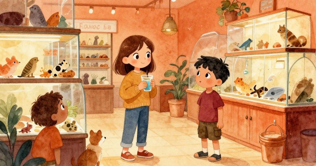 茲拉與萬斯在熱鬧寵物店中探索動物展區，臉上流露好奇與喜悅，背景充滿生氣與溫暖燈光。