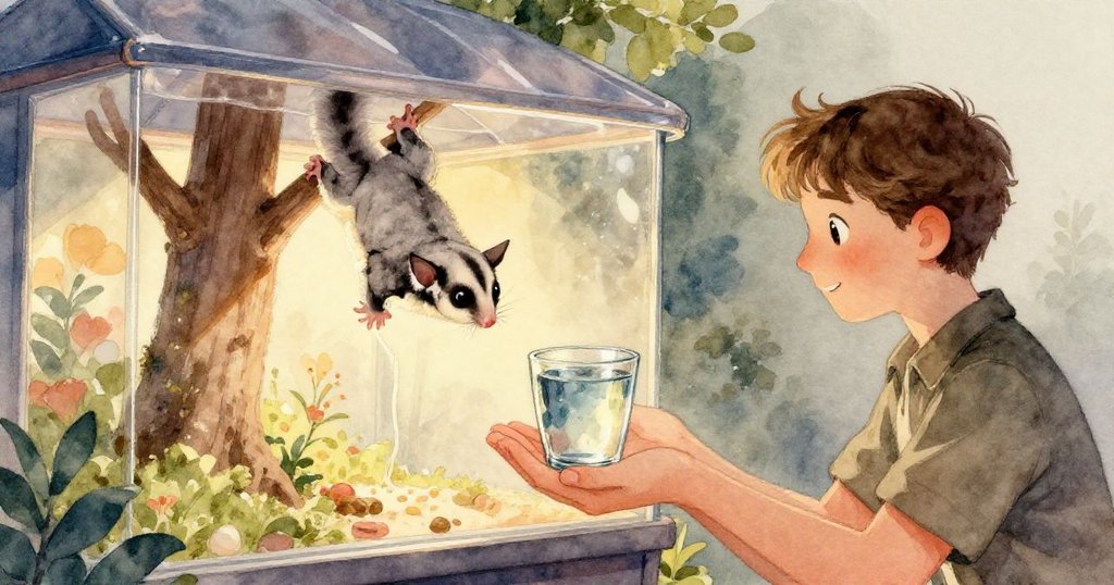 茲拉的手輕觸著冰涼玻璃，玻璃中隱約可見倒掛在塑料樹下的月灰色滑翔鼠，細節豐富且溫柔。