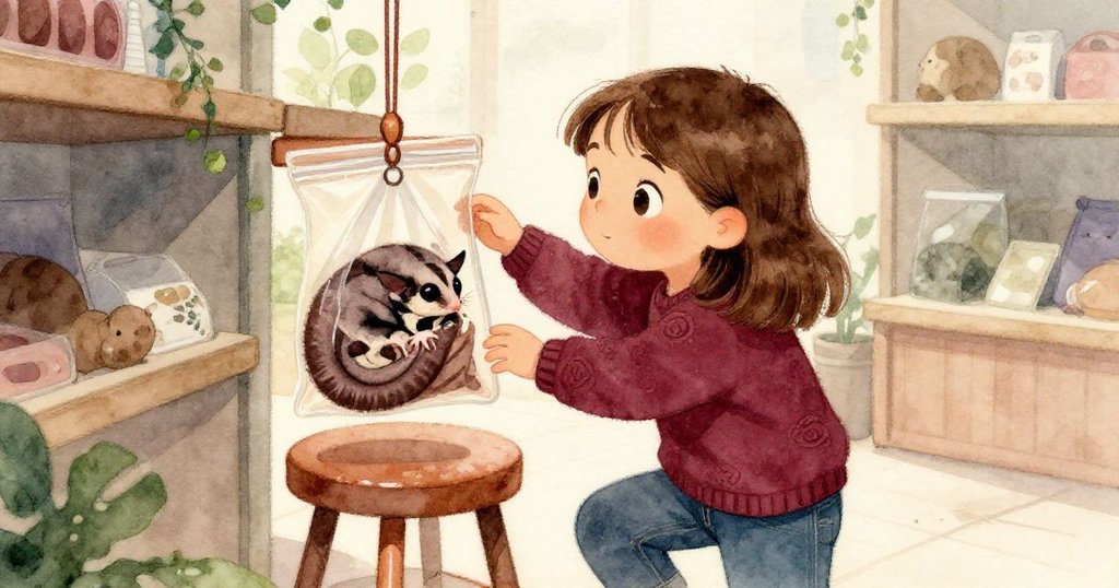 茲拉攀上小凳，通過肩膀望向擺動袋子裡圍繞著的兩隻滑翔鼠，她的神情充滿驚奇與細膩好奇。