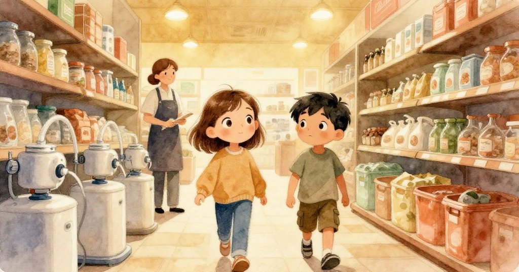 茲拉與萬斯跟隨著親切工作人員穿過設備走廊，背景中供應架與天花板燈光漸次轉冷，營造寧靜氛圍。