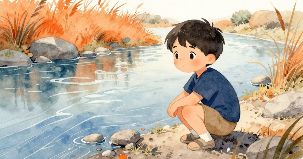 Reed 蹲在河畔邊,聚精會神地觀察流水,臉上帶著專注與寧靜,背景有樹影與溫暖日光,展現開頭準備挑戰的情景。