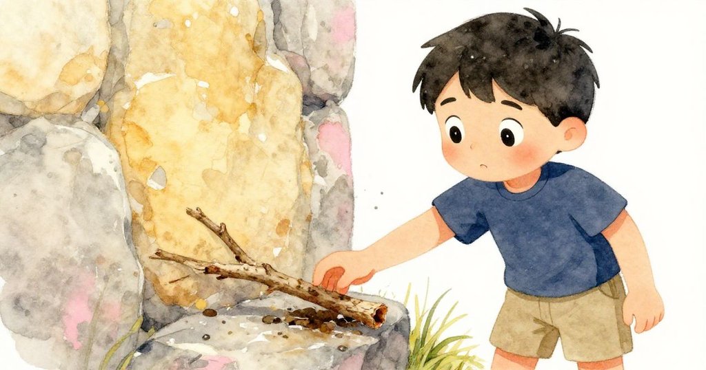 Reed 小心翼翼地觸摸一根彎曲淡白的小樹枝,背景石頭和黏土映出柔和金光,展現探索驚奇與象徵意義。