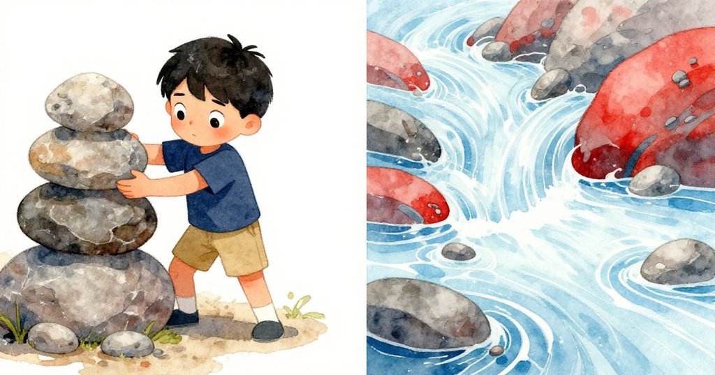 Reed 一邊迅速堆疊沉重石頭,另一邊流水將石頭沖走,場景呈現動態對抗與雙重張力,充滿挑戰感。