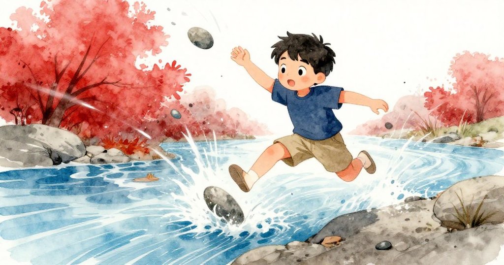 Reed 奔躍於湍急流水中,奮力追趕被沖走的石頭,場景充滿動感與緊張,表情展現出果敢與勇氣。