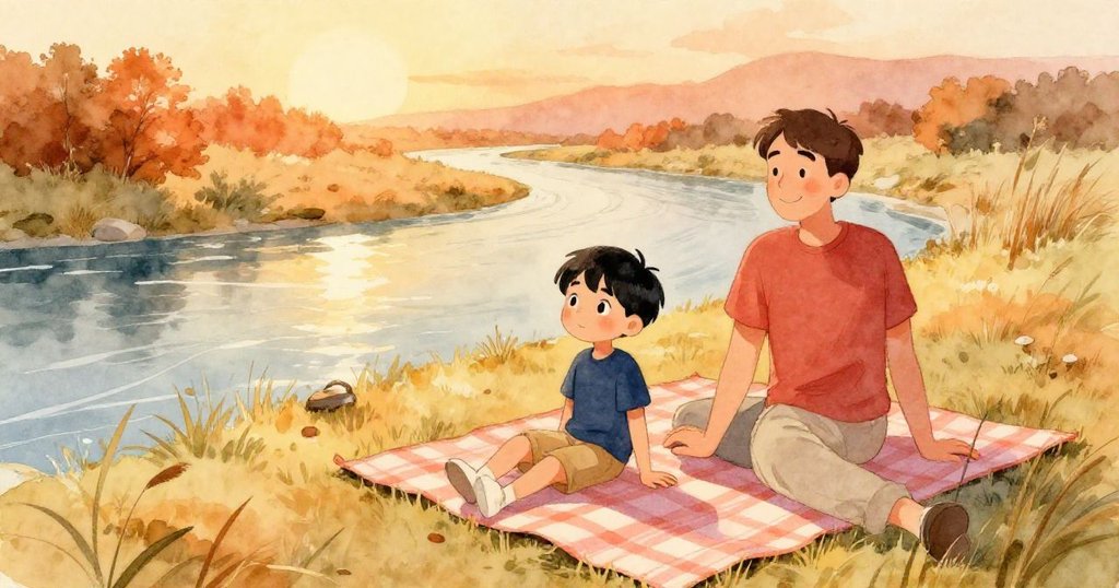 Reed 與爸爸在河邊的毯上安然休憩,夕陽餘暉柔和灑落,兩人臉上洋溢滿足與溫暖,呈現結局寧靜與放鬆。