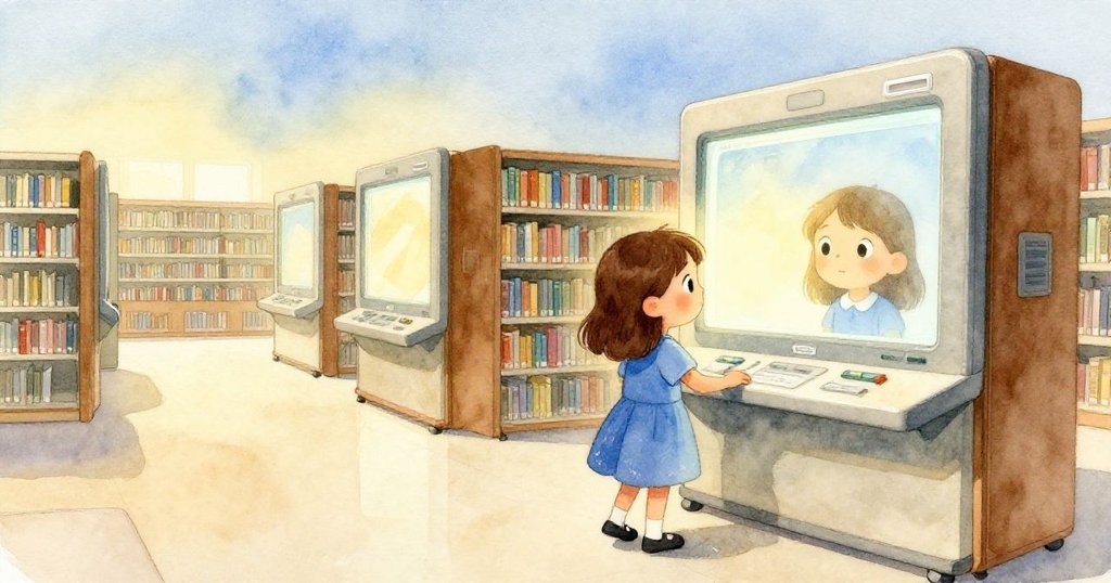 Ruby在寬敞圖書館中輕步前行，藍灰光映出她期待的臉龐，書架與電腦螢幕共同展現寧靜早晨。