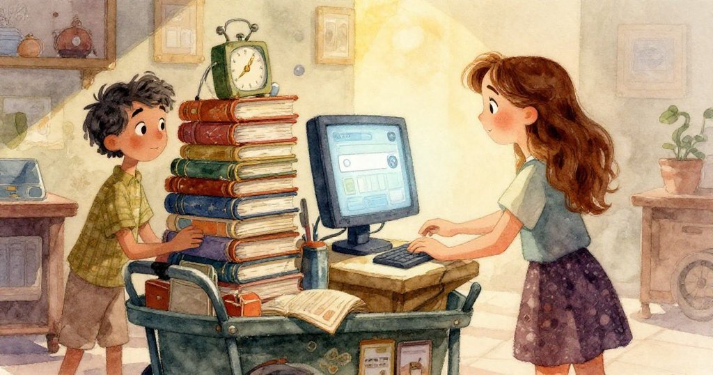 Ruby專心操作鍵盤，細緻手部動作呈現尋書過程，螢幕與印表機散發淡淡薄荷綠光，充滿奇妙期待。