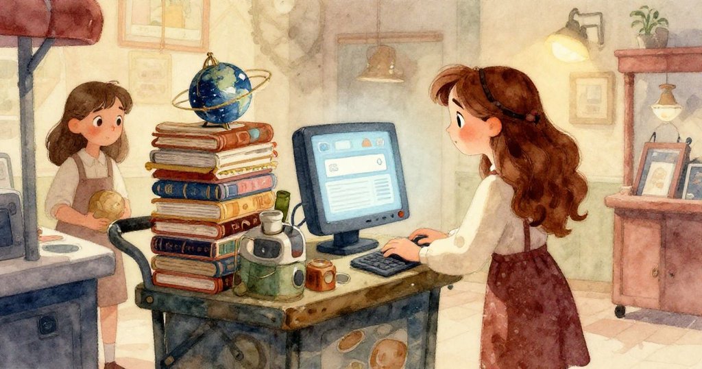 Ruby視角凝望螢幕上旋渦狀星系，心中驚奇流露，圖書館背景柔和光線映出奇幻科技氣息。