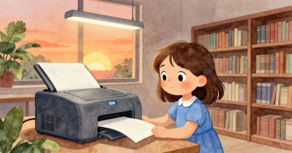 在圖書館漸暗光線中，Ruby注視印表機紙張轉變色澤，閉館提示映現夕陽橙光，寧靜中似帶急迫。