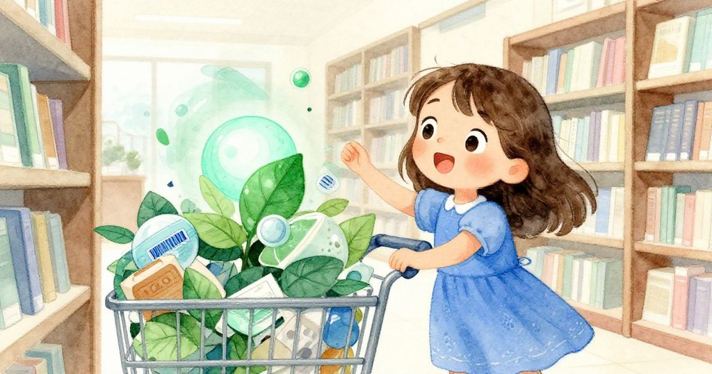 Ruby發現被地理圖冊壓住的天文書，藍條碼閃耀引起歡喜，書本散亂中洋溢探索樂趣與驚奇。