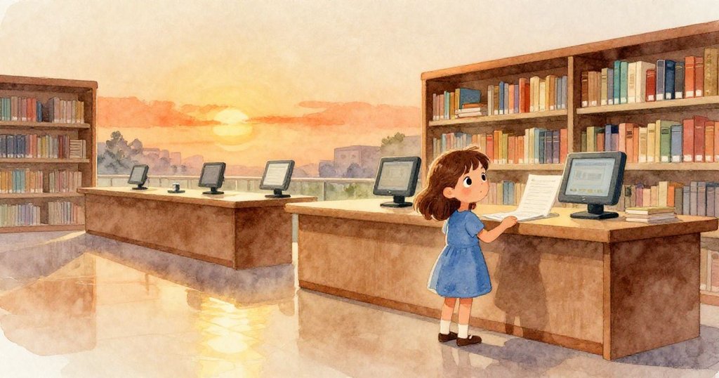 Ruby在結帳區輕步前行，懷抱天文書臉上滿是溫暖回憶，夕陽與晨光交融中告別熱鬧圖書館。