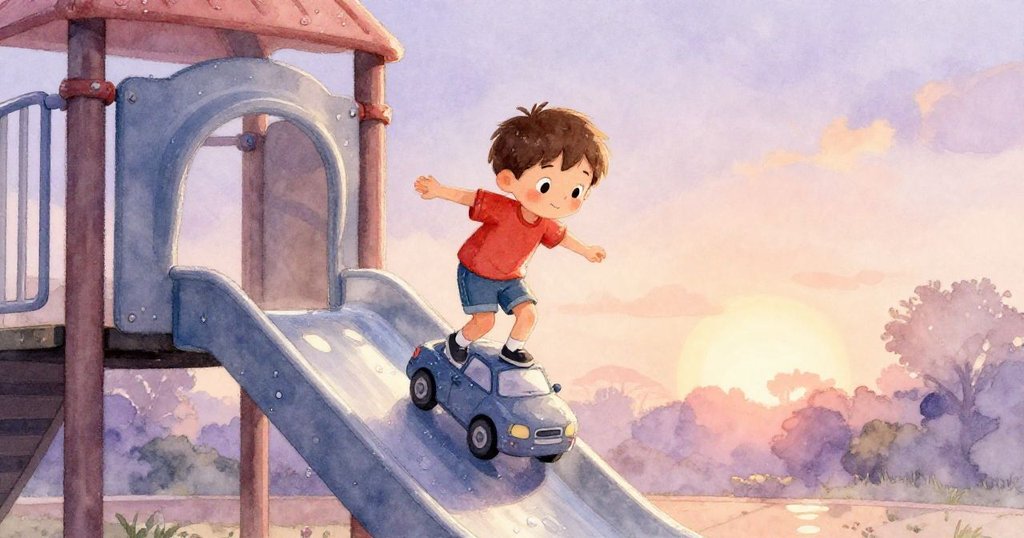 Theo 在涼爽早晨的遊樂場上，小心翼翼平衡著小金屬車，滑梯邊反射著陽光，他充滿專注與興奮。