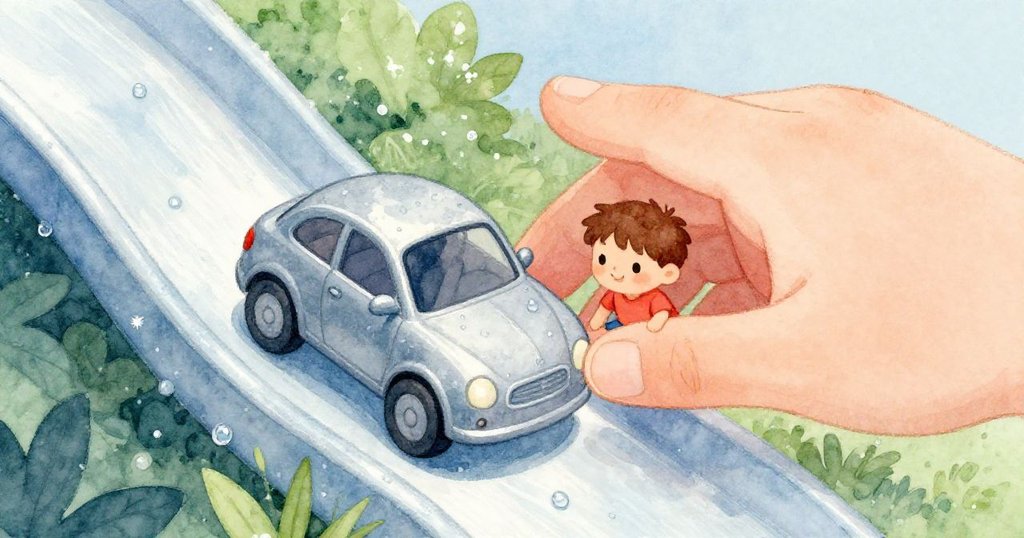 Theo 釋放小車，車輪在薄霜上緩慢滾動，近景展示金屬光澤與透明露珠，充滿細膩互動。