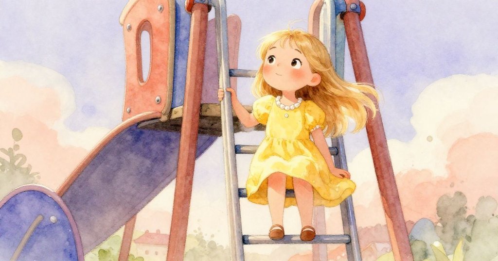 Pearl 在滑梯梯級上等待，臉上流露期待喜悅，低角度展現遊樂場背景，洋溢溫暖晨光。