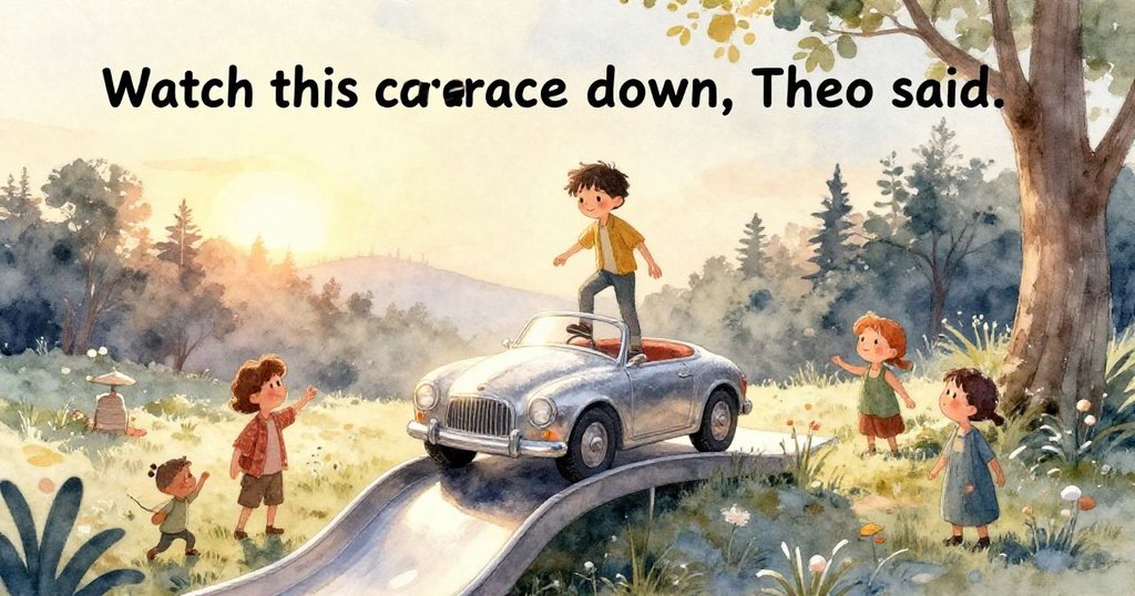 陽光照耀遊樂場，融化滑梯上冰霜變成閃亮水流，環境寬廣展現溫暖動態。