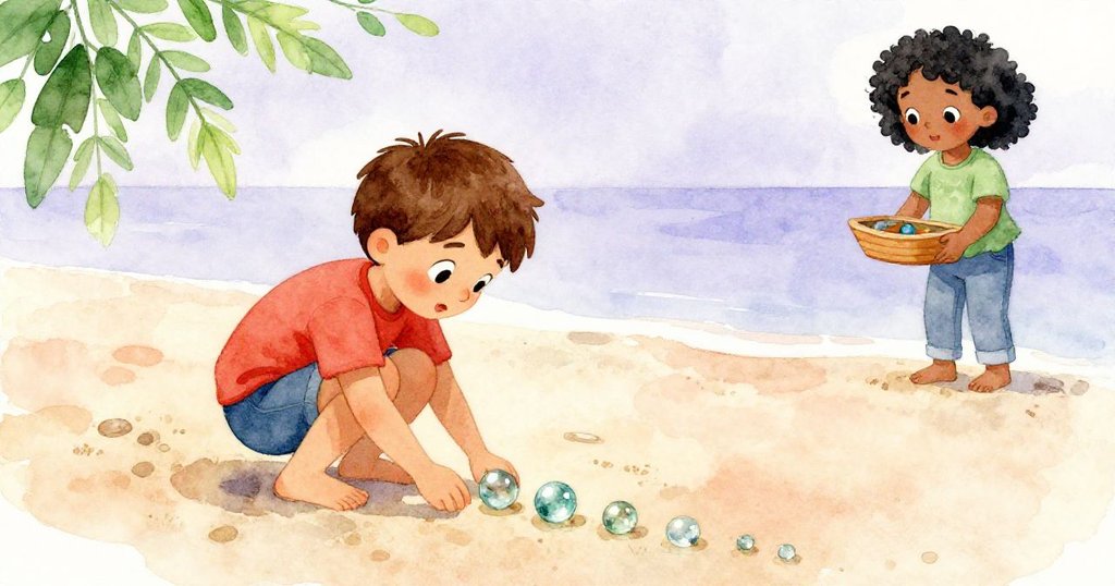 Theo 蹲在濕沙上仔細觸摸閃亮玻璃彈珠軌跡，驚奇眼神映出溫暖色彩，背景中Joy持玩具船靜靜觀望。