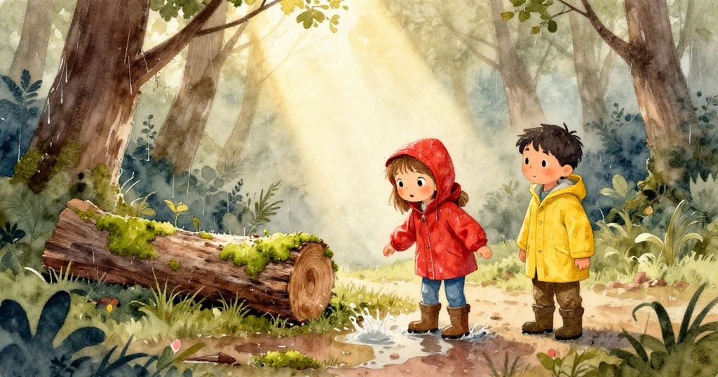 梅芙在雨林中踢水，濕潤的落木旁青春洋溢，亞特拉斯陪伴旁觀，背景透出光柱與青苔的生機。