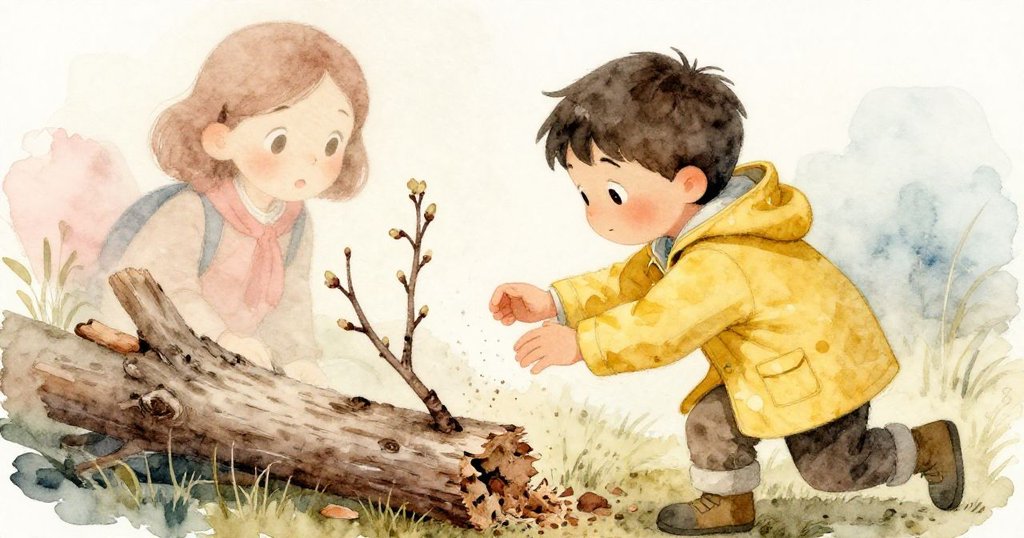 亞特拉斯伸手握住覆滿小芽的細枝，枝條斷裂散落纖維，他背後梅芙注目，神情中既緊張又好奇。