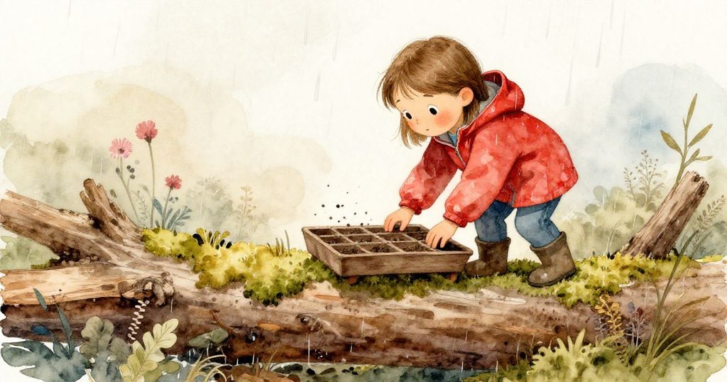 梅芙跪於落木上，小心地將苗盤擺上綠苔架，雨中調整步伐展現堅定與專注。