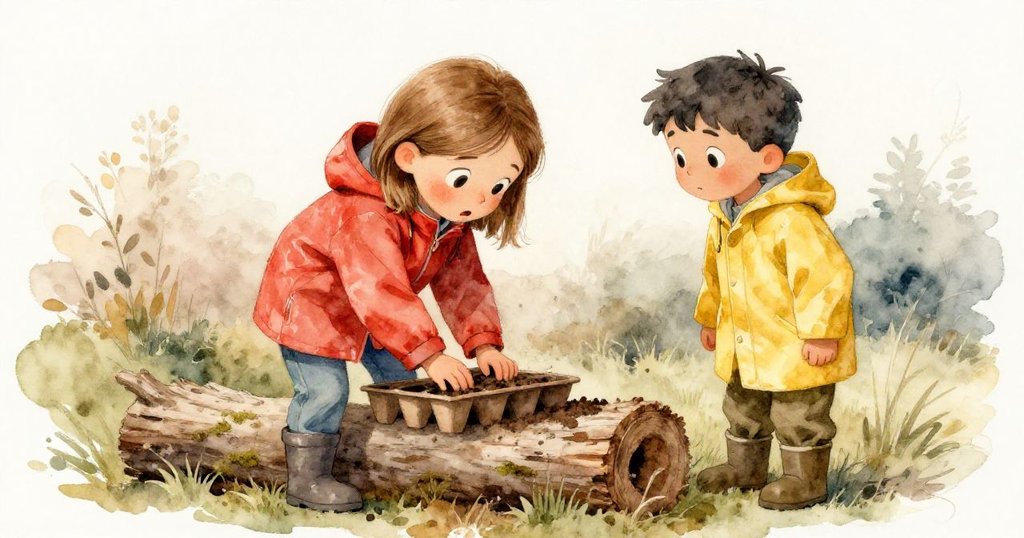 梅芙堅定地壓實苗盤中的土，專注決策保留強健苗，亞特拉斯在旁鼓勵，畫面洋溢著決心與支持。