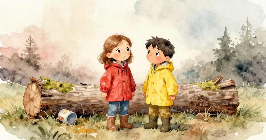 梅芙與亞特拉斯站於轉乾的空地，背景落木上遺留著棄置容器，雨聲輕柔，二人神情平靜且充滿未來希望。