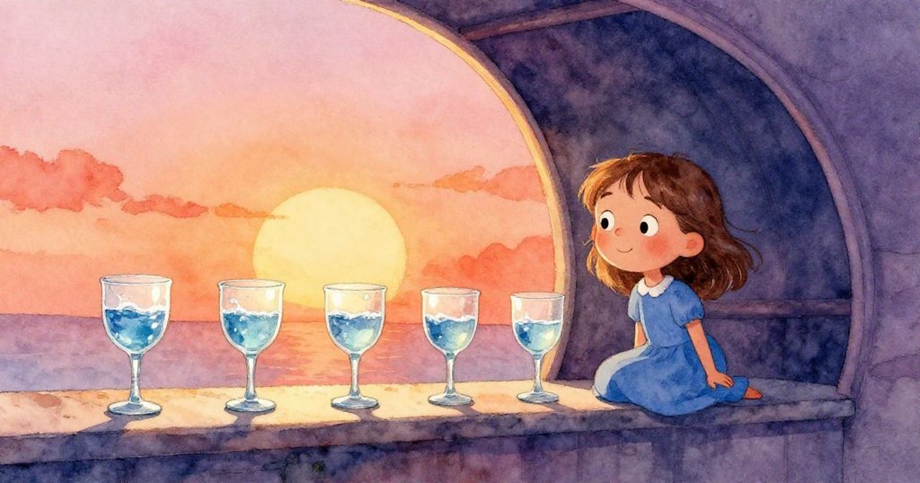 Tess站在觀景隧道旁，注視傾斜滴水的玻璃酒杯，背景以夕陽橘與玫瑰粉色營造寧靜氛圍。