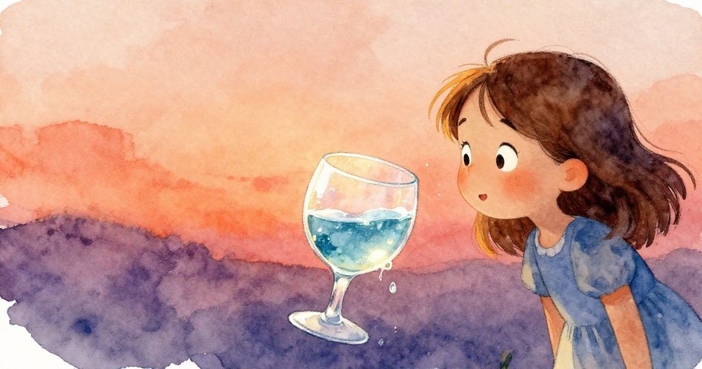 Tess靠近傾斜酒杯，觀察滴落的鹹水與海玻璃香氣，背景空白留白，流露出好奇神情。