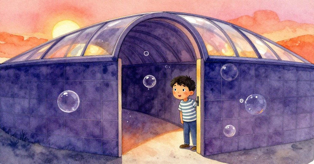 Axel從隱蔽角落觀望場景，鞋子在氯光瓷磚上發出悄然聲音，玻璃屋頂下泡泡靜靜浮動。