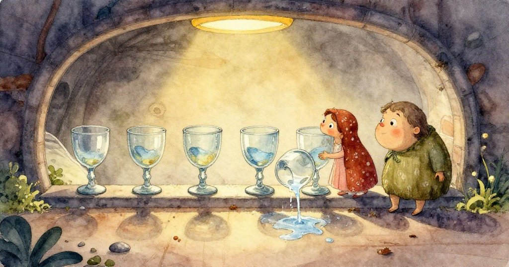 濕潤的木製米尺橫跨狹窄通道，Tess的手試圖推開它，營造出超現實幾何空間感。