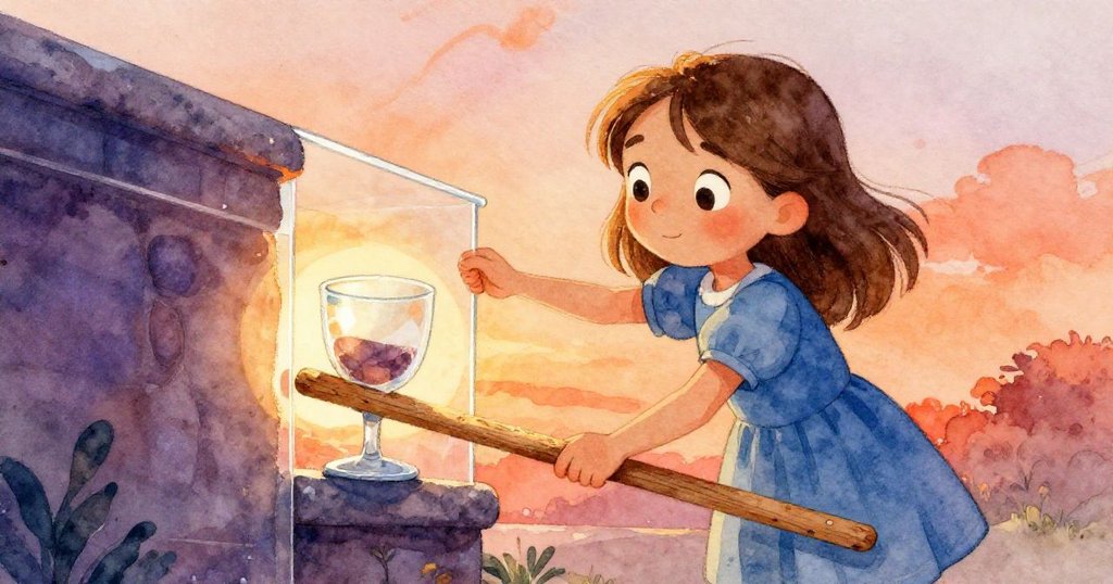 Tess專注地握住沾濕的木尺，細緻推動酒杯向內，展現出決心與巧妙互動的瞬間。