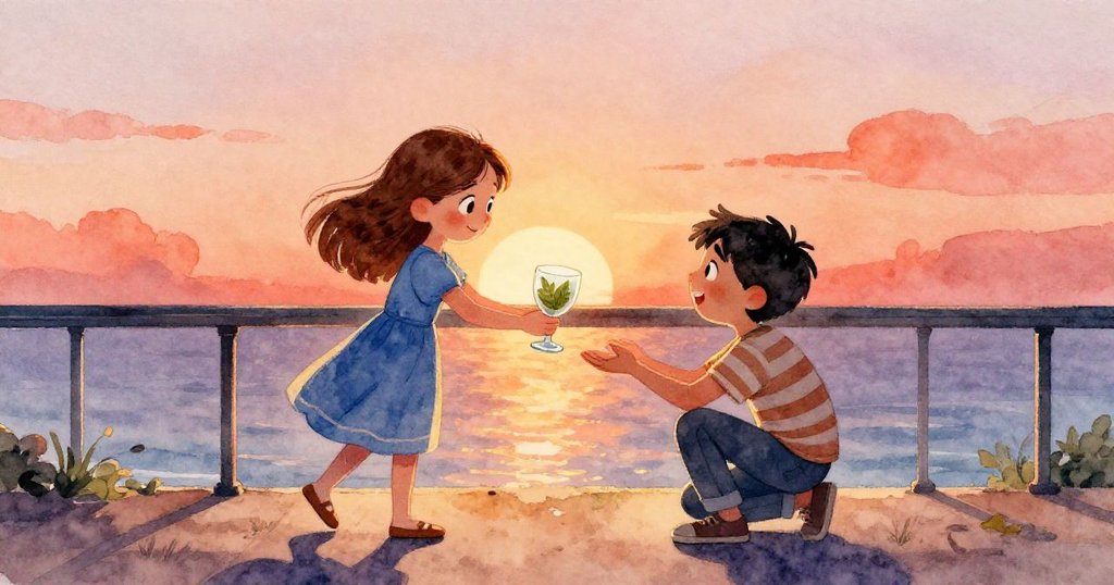 Tess與Axel在欄杆前重聚，Tess輕遞酒杯給滿懷期待的Axel，背景群眾靜默觀望，呈現溫暖喜悅場景。