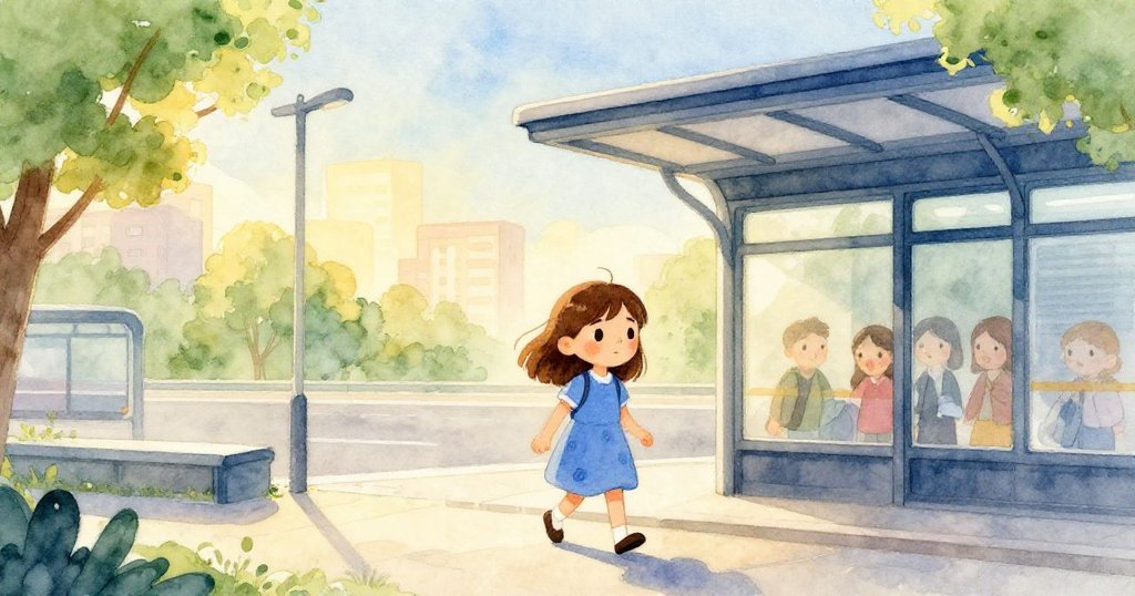 在黎明微光中,Ruby 穿著藍色洋裝,步入繁忙公車站,臉上帶著堅定與期待的神情,周遭建築透出晨曦的溫暖。