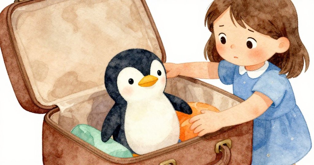 Ruby 小心打開旅行袋,露出柔軟布料企鵝陪伴,背景呈現溫暖棕色與薄荷綠調,充滿冒險與回憶。