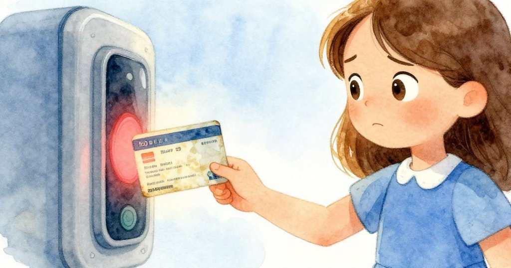 Ruby 將磨損旅行卡輕觸在光滑玻璃感應器上,紅光微現,傳遞出期待與些許緊張的情感。