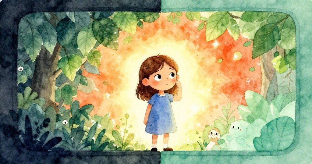 Ruby 靜立於走廊前,面對分裂現實的感應板,一側黯淡一側耀眼,展現內心奇幻與現實交錯的情感。