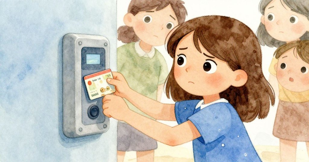 Ruby 面露決心,重新輕敲旅行卡,神情中混合著憂慮與希望,背景藍棕色調映出堅定意志。