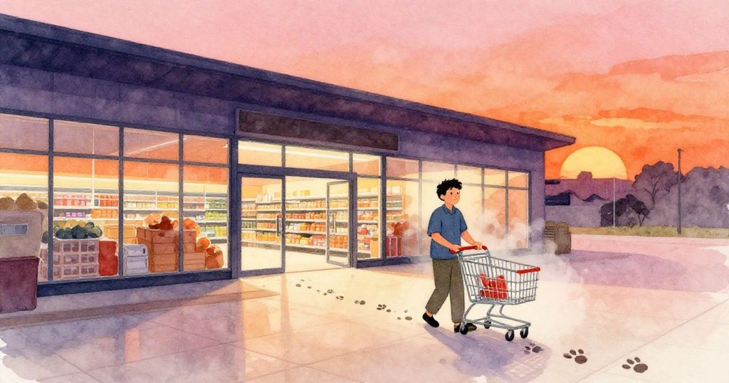 Wade推著搖晃的購物車進入超市，地上有濕潤爪印，入口處霧氣繚繞，氛圍神秘而溫暖。