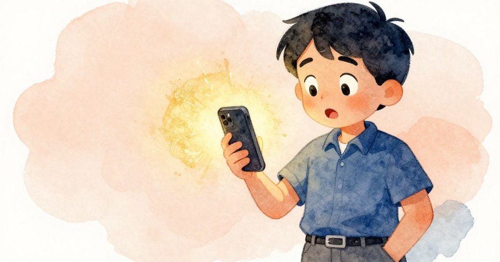 Wade近距離展示驚訝表情，手持響動的手機，背景超市模糊呈現暖調，情緒充滿好奇與關切。