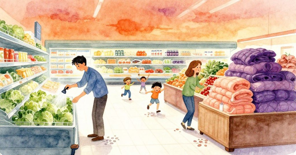 Wade與Cora在超市內仔細檢查地上痕跡，背景有噴霧裝置、旋轉玩耍的孩子和色彩豐富的被子展示，層次分明且溫暖。