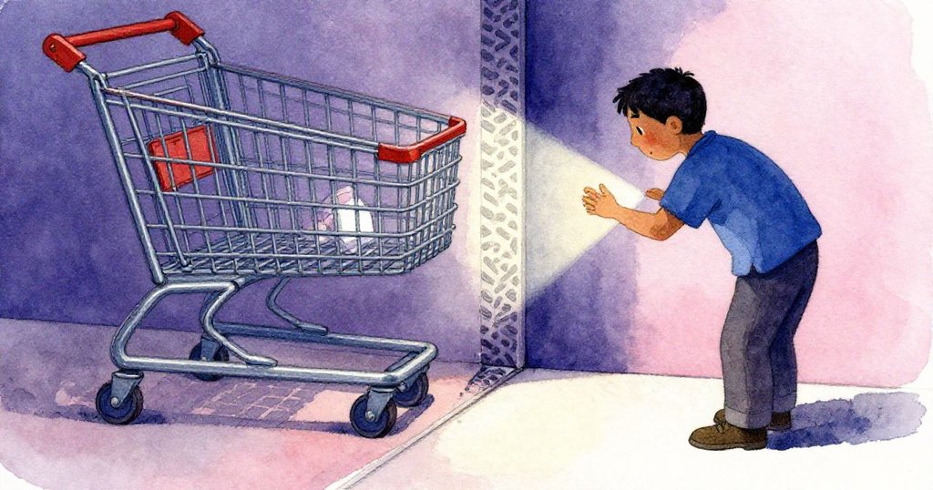 Wade在超市角落仔細觀察購物車卡住處，地上呈現與車輪花紋吻合的橡膠痕跡，光影微妙且神秘。