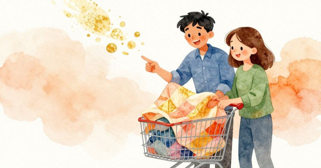 Wade與Cora在超市中互動解決問題，Cora指著地上圖案笑容燦爛，Wade專心摺著彩色被子，氣氛溫暖愉悅。