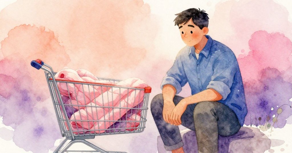 Wade坐在超市靜謐角落休息，面帶平靜微笑，手上殘留薄霧，購物車旁整齊折疊的被子增添溫馨氛圍。