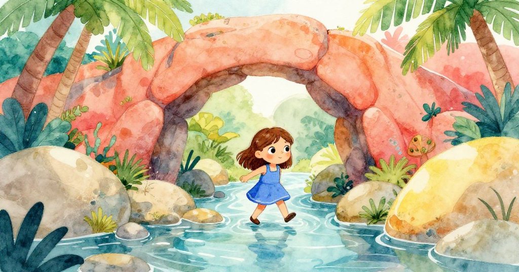 塔拉踏過岩石拱門進入閃耀溪流，充滿期待與興奮，背景為反光溪面與泥土河岸。