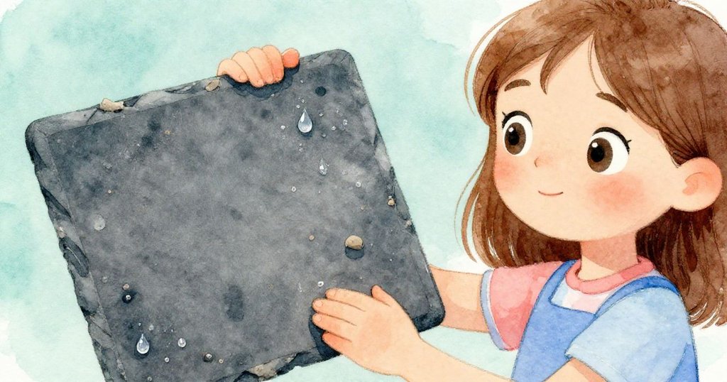 塔拉輕觸石板，拭去泥塵，水珠閃爍映襯石面細膩質感，展現專注探索的姿態。