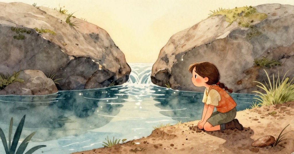 水上小蟲驚跳躍起，旁邊石板隨水漂移，波紋扭曲創造活潑動感，呈現自然趣味。