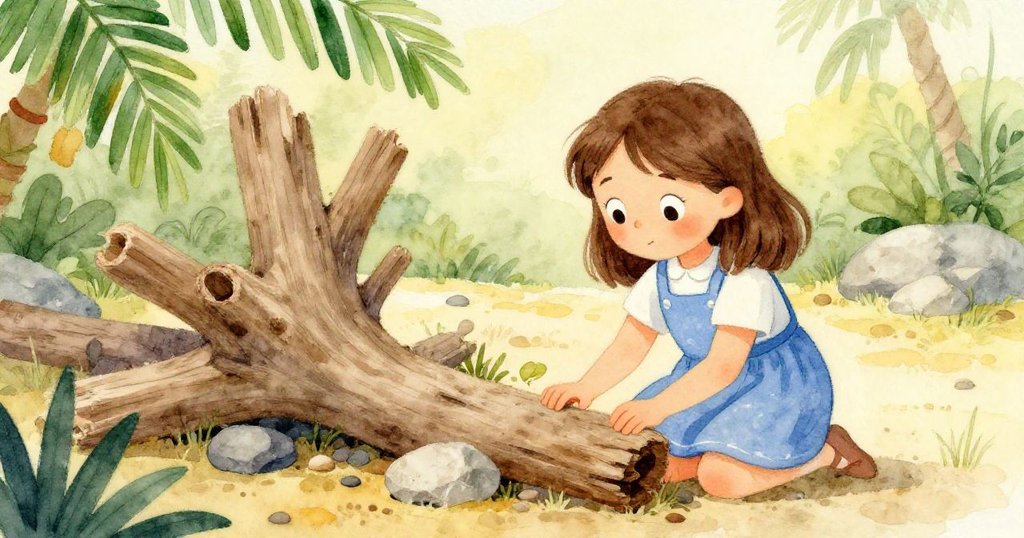 塔拉在水岸邊輕輕拔取樹枝，觸摸粗糙樹皮與岩石層疊，探索自然質感，神情專注。